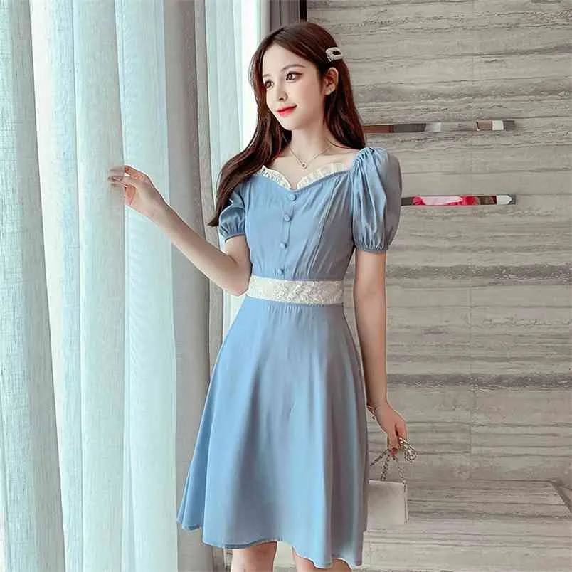 プラスサイズの夏のドレスの女の子の渤海パーティー韓国の女性ミニVintage Blue Puffスリーブ女性ES Femme Robe Vestidos 210514