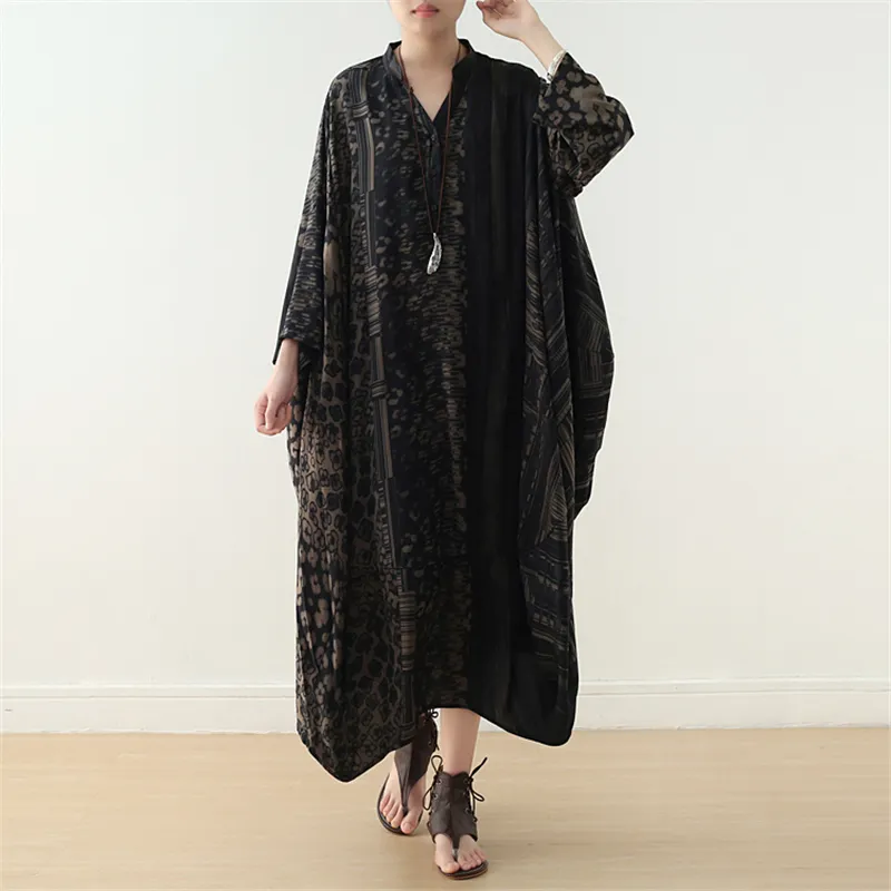Johnature Women Print Floral Shirt Dress Vintage Silk Chiffon Spring Summer Plus Size Women Cloths Bat Sleeve Dress 210521