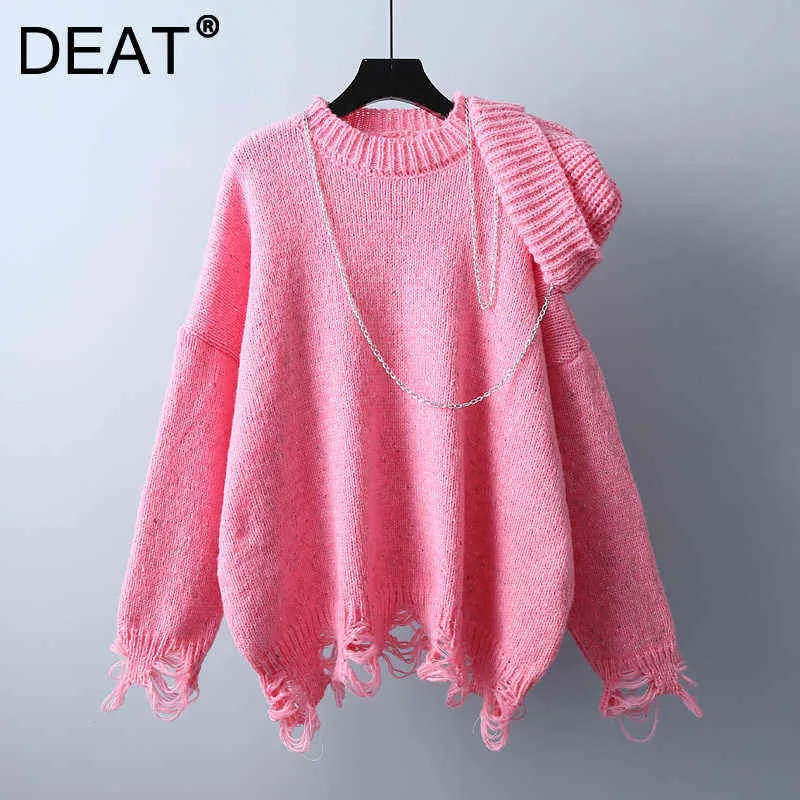 DEAT Women Sweater Knitted Green Solid Hollow Metal Chain Design Full Sleeve Streetwear Style Tops 2021 Autumn Fashion 15AK663 Y1110