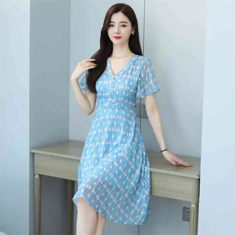 The Sale Women's Summer Bohemian sweet Floral dress V-Neck Loose Short Sleeve Fashion Casual Midi Sundress 210507