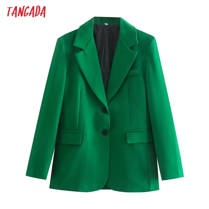 タンガダの女性の純粋な緑のブレザーコートヴィンテージノッチカラーポケットファッション女性カジュアルシックなトップスQD58 211019