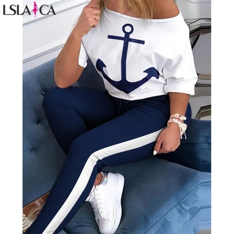 Sweatsuits for Women Skew Neck Half Sleeve Anchor Print Tops ColorBlock Drawstring Pant Streetwear Women's Two Piece Sets 210515