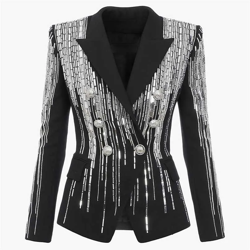 HIGH STREET est Modedesigner-Jacke für Damen, zweireihig, luxuriös, atemberaubende silberne Metallknöpfe, Perlen-Blazer 211122