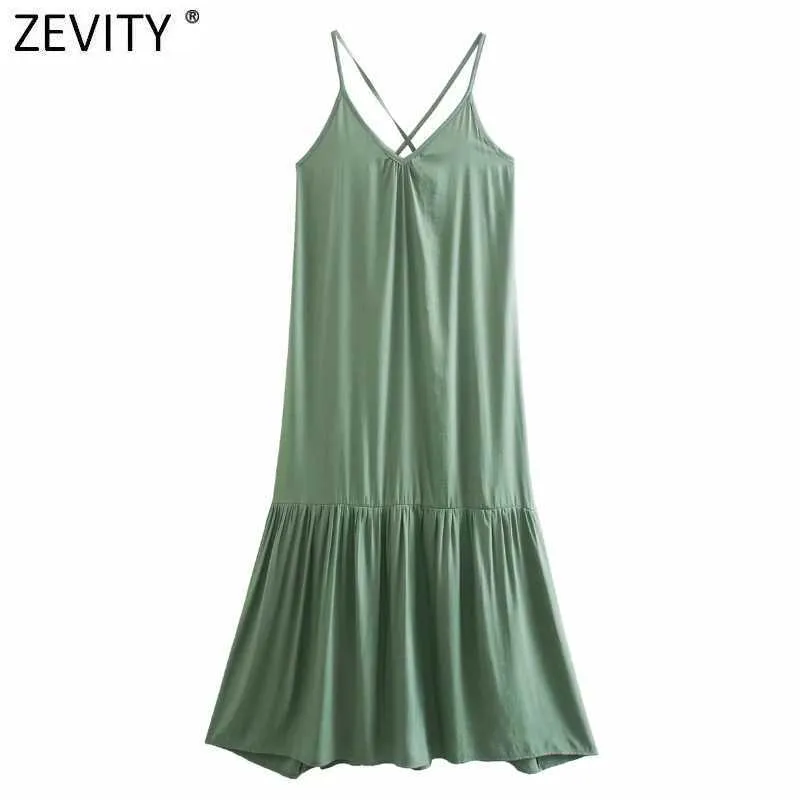 Zevity Women Holiday Wind Solid Color Sling Midi Dress Female Chic Pleat Ruffles Lace Up Vestido Casual Beach Cloth DS5031 210603