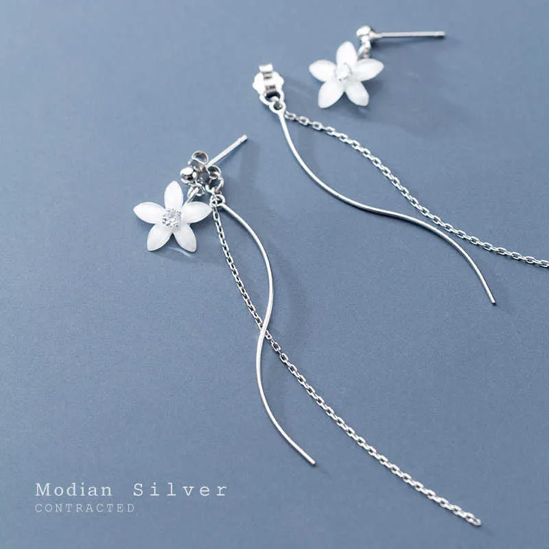 100% Real 925 Sterling Silver Ceramics Flower Long Line Drop Earrings Fashion Charm Dangle Ear For Women Fine Jewelry 210707