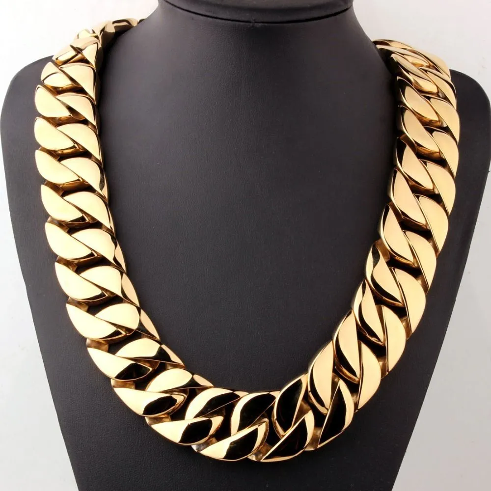 Custom Length 24/31mm Width Heavy Mne's Necklace Gold Tone Curb Cuban Chain 316L StainlSteel Necklace For Men Women X0509