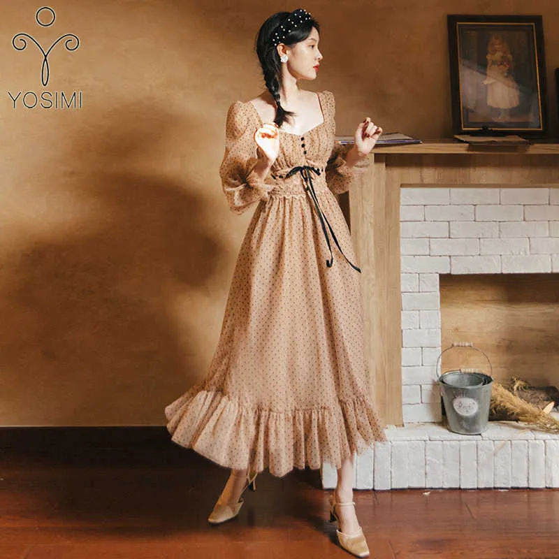 Yosimi Khaki Długie Kobiety Sukienka Letni Rękaw Dot Mesh Square Collar Kostka Koronki Koronki Sashes Empire Party Damskie 210604