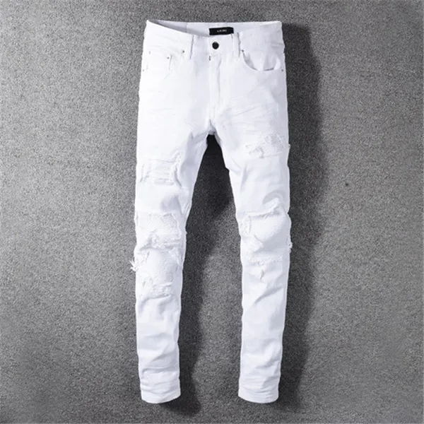 jeans da uomo elasticizzati tutta la marca banda laterale prominente fresco personalizzato strappato afflitto fori retrò skateboard dritto Motorcy280S