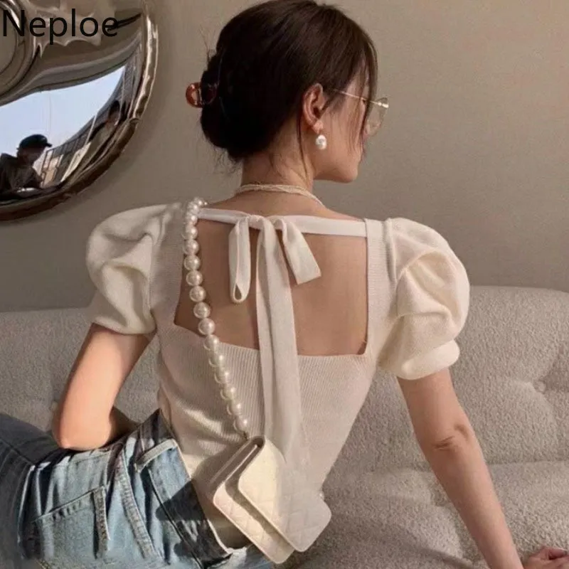 Neploe Shirts for Women Square Collar Puff Sleeve Knitted Tshirt Hollow Out Sexy Tees Korean Backless Lace Up Tops Mujer 210422