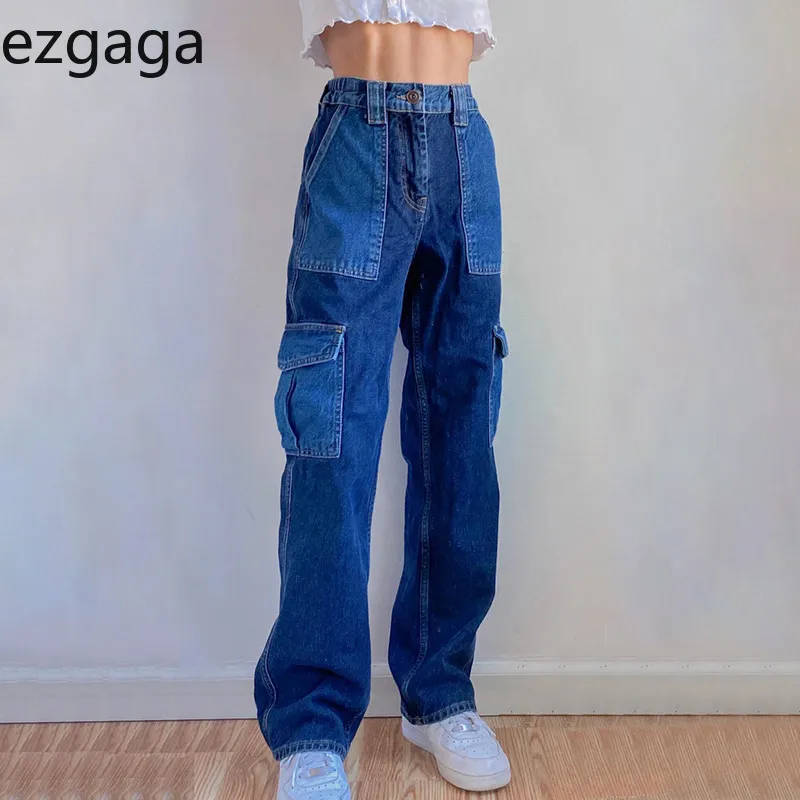 Ezgaga Kvinnor Jeans Fickor Patchwork Contrast Streetwear Denim Joggers Loose High Waist Jeans Hip Hop Trouser Ladies Pants 210430