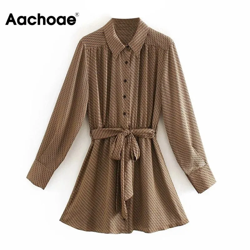 Aachoee Lady elegante cópia geométrica camisa vestido de manga comprida desgaste desgaste bandage vestido plissado sundress chique robe femme 210413