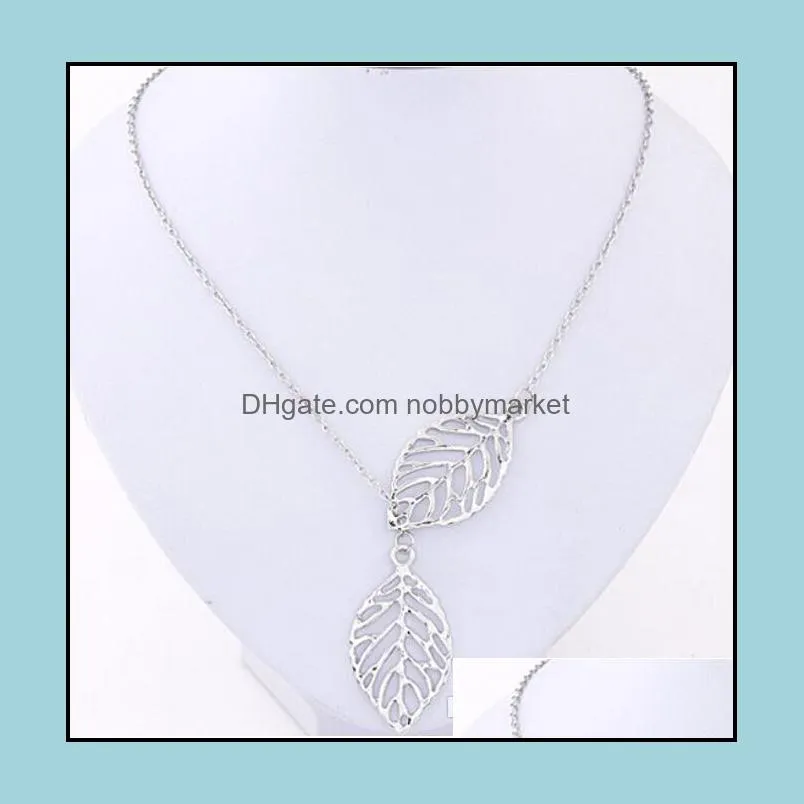 Simple European New Fashion Vintage Punk Gold Hollow Two Leaf Leaves Pendant Necklace Clavicle Chain Creative Charm Jewelry Women Collar