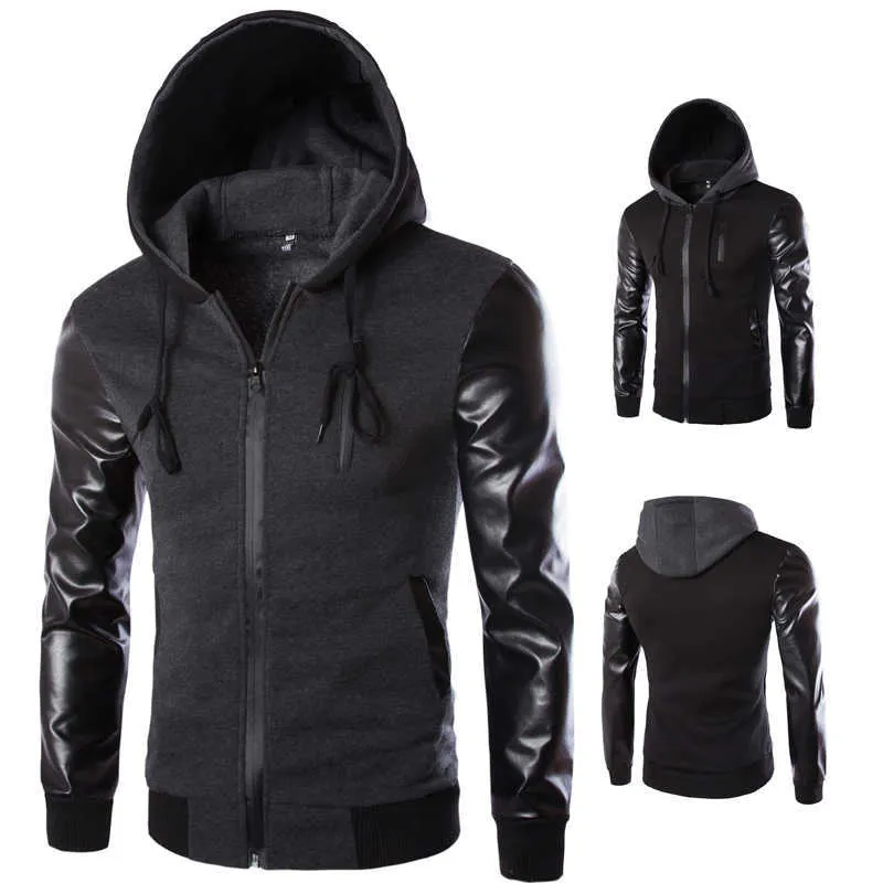 Men's Leather Patchwork Jacket Hooded Chest Zipper Design Stylish Casual Jacket X0621