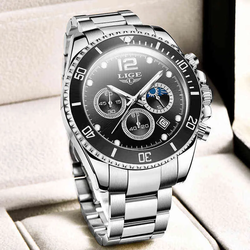 Lige моды мужские часы верхний бренд роскошные полные стальные спортивные часы мужские кварцевые даты тактовые часы водонепроницаемый наручные часы хронограф 210527