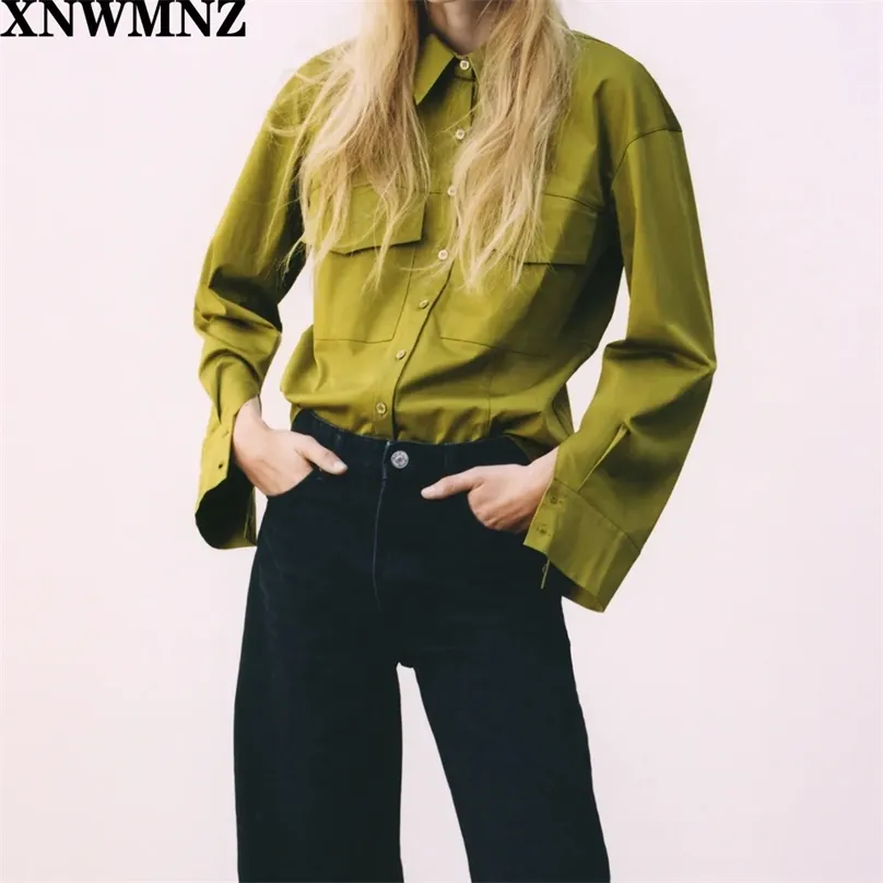 women Fashion tailored shirt with pockets Vintage Female long cuffed sleeve collared chic flaps top 210520