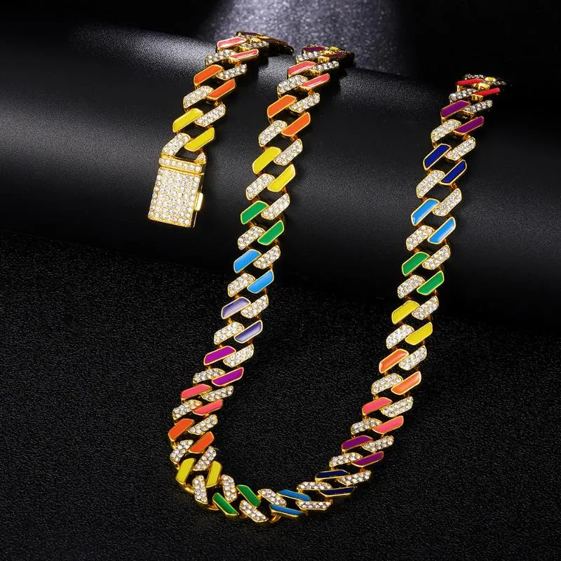 Chains 13MM Iced Out Cuban Necklace Link Chain Women Crystal Neon Colorful Enamel Choker Suit Rainbow Bracelet Jewelry274J