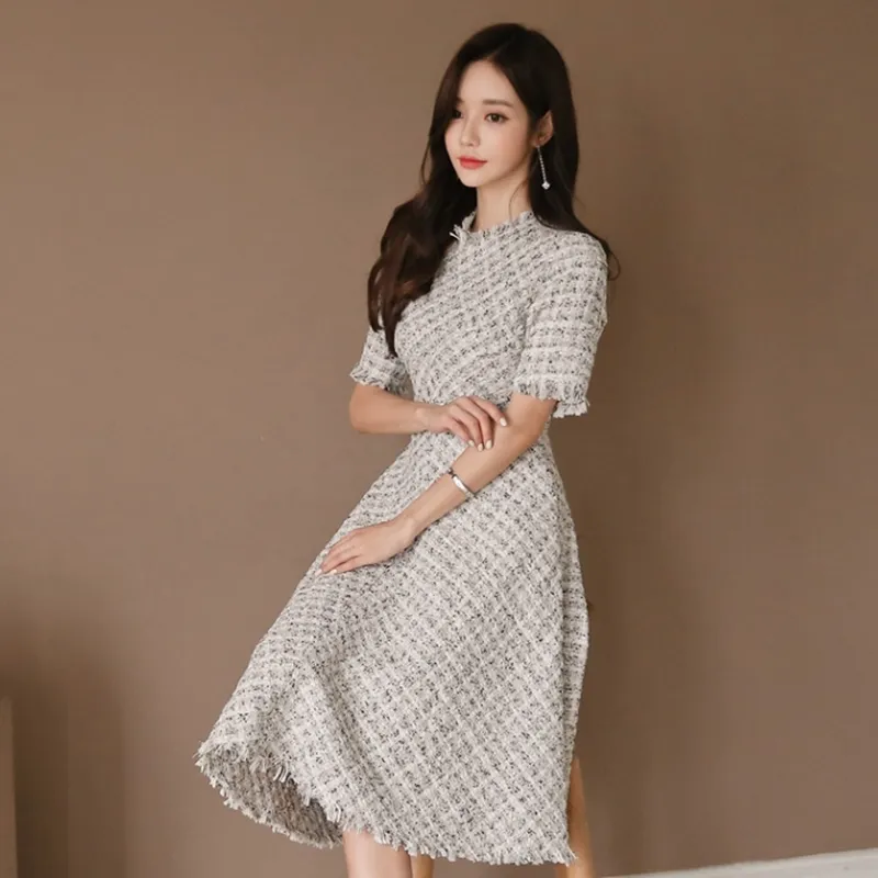 Spring And Summer Woolen Tweed Dress Women Short Sleeve High