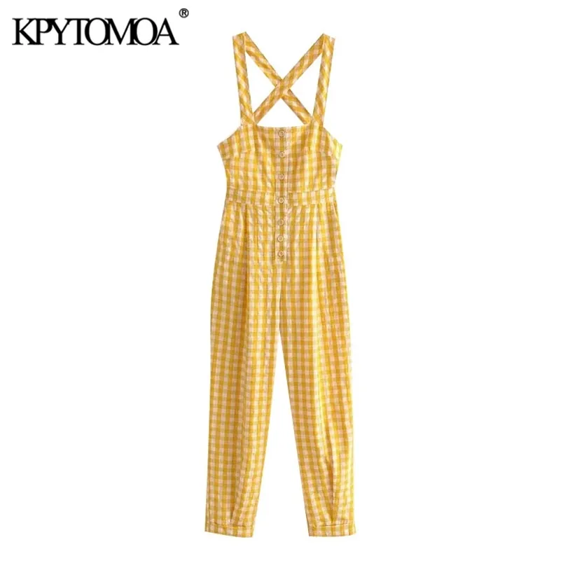 Kvinnor Chic Mode med knappar Sidofickor Kontrollera Jumpsuits Backless Wide Straps Kvinna Playsuits Mujer 210420