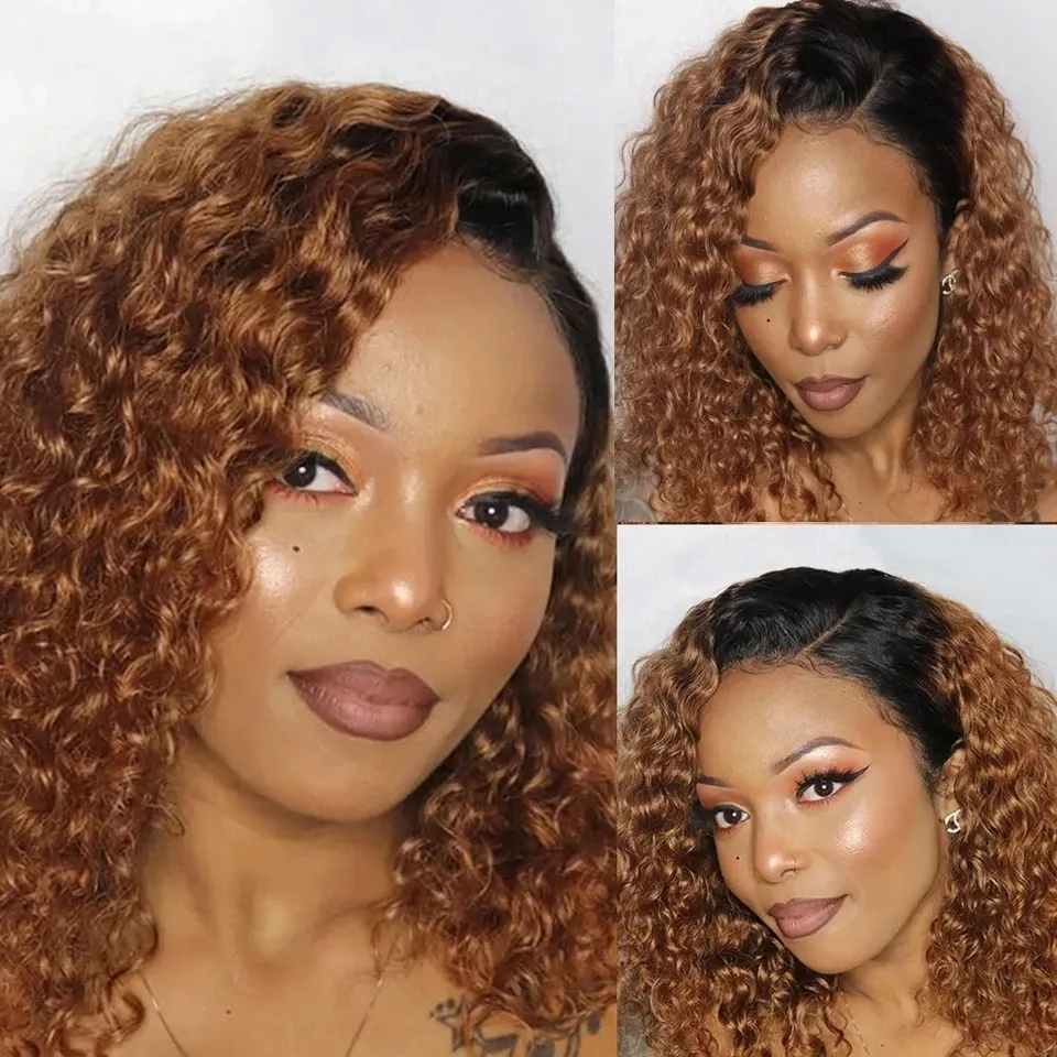 Ombre Brown Glueless Short Bob Wig Brazilian Curly Lace Frontal