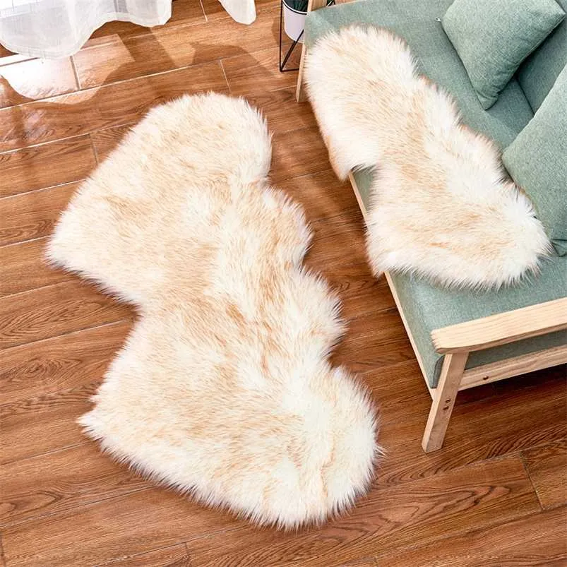 Solid Living Room Floor Area Rug Double Heart Artificial Wool Sheepskin Rugs Shaggy Carpet Bedroom Sofa Decor Mats35*70cm 211217