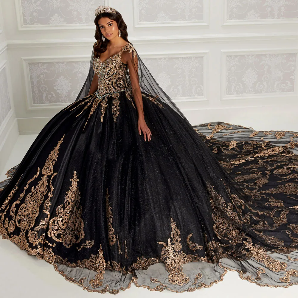 Robes de quinceanera en perle noire scintillantes avec des robes de bal appliqués en vale V longue en dentelle