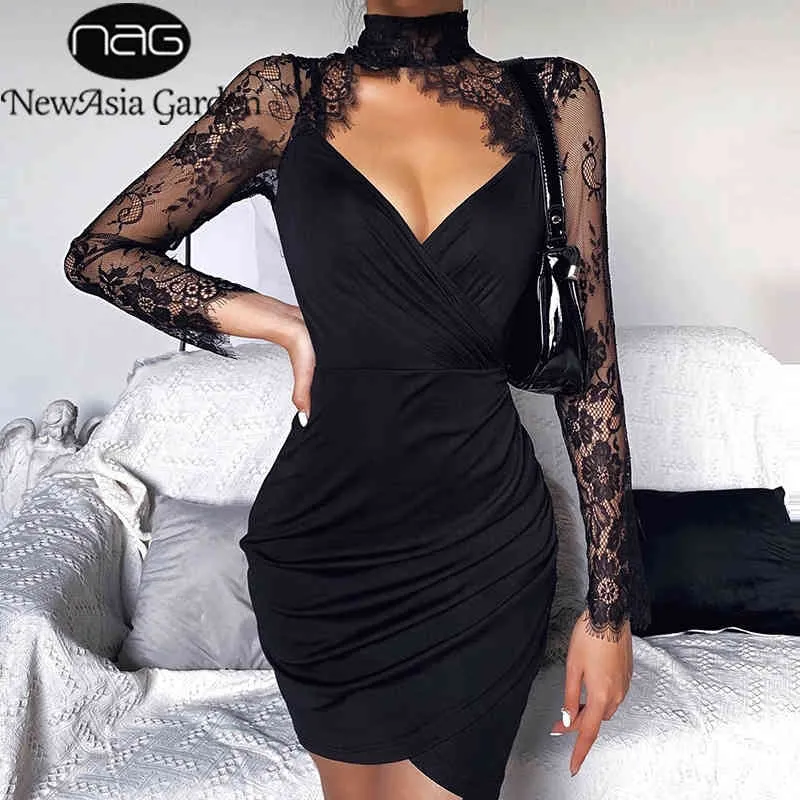 NewAsia Garden Cut Out Lace Dress Women See Through Lace Long Sleeve Bodycon Dresses Woman Party Night Slim Fit Club Dress 210413