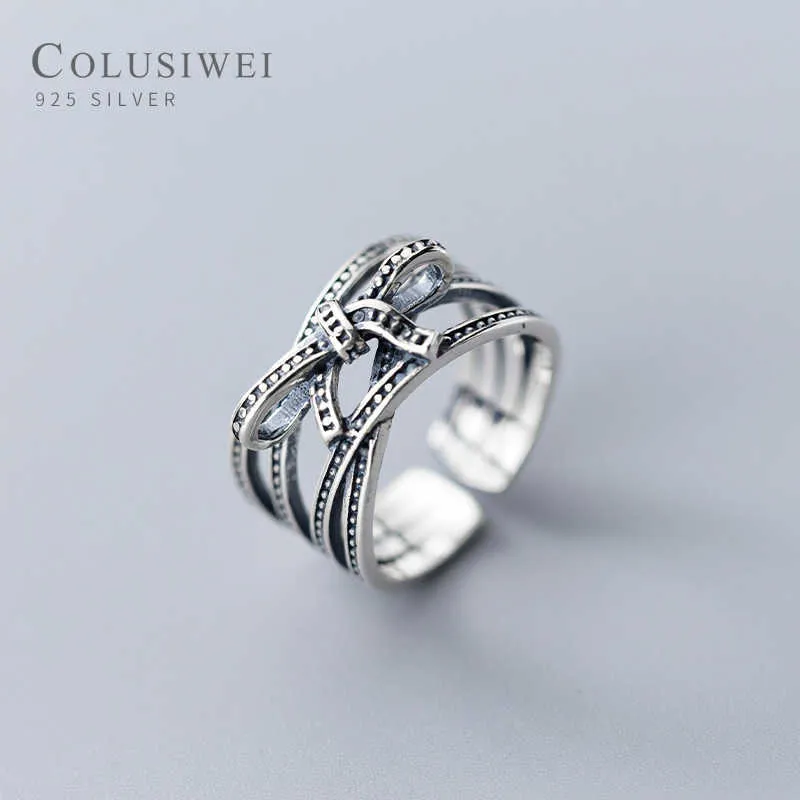 Vintage Bowknot Multi-Layer Geometrische Lijn Sterling Zilver 925 Ring voor Vrouwen Gratis Maat Hiphop Stijl Fijne Sieraden 210707