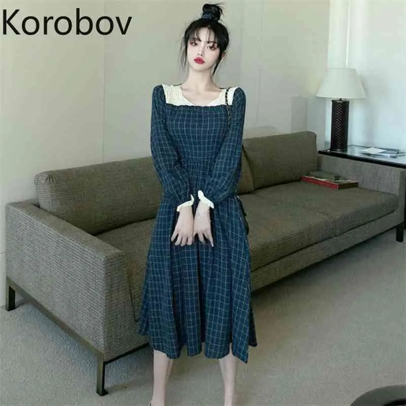 Korobov Koreansk Preppy Style Kvinnor Plaid Klänning Vintage V Neck Elegant Långärmad Klänningar Hög Midja A-Line Long Vestidos Femme 210430