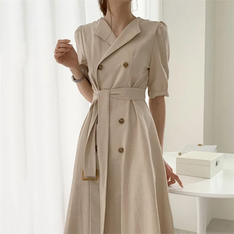 Moda Damska sukienka na styl wiosna Elegancki Lapel Podwójny pasek Thin Thined A-Shaped Puff Sleeve 210520