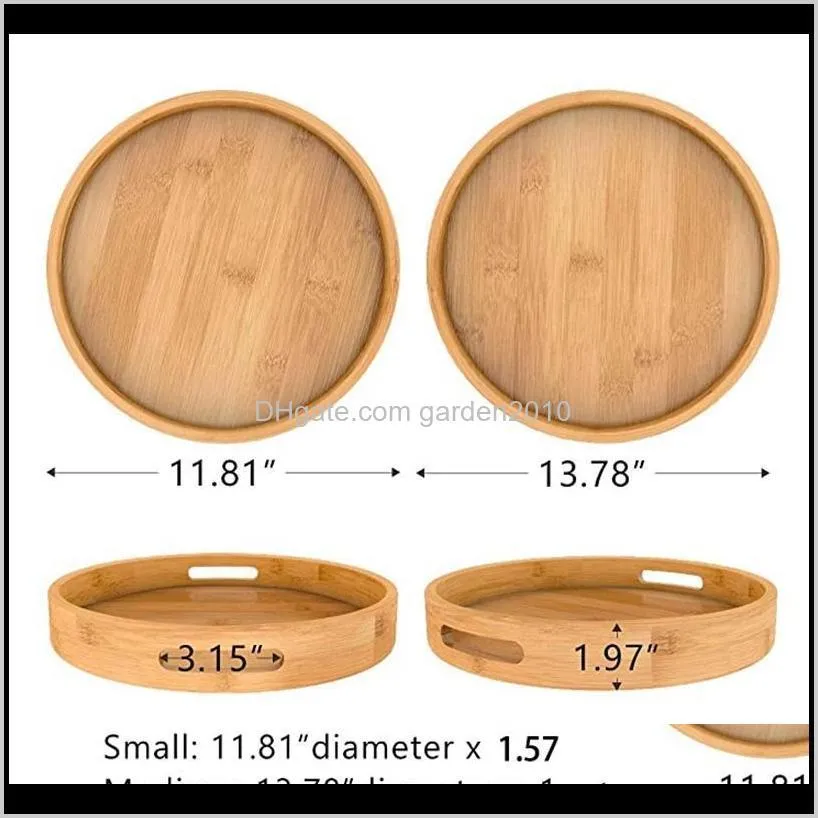 round serving tray with handles - wooden bamboo circle tray for coffee table, , ottoman