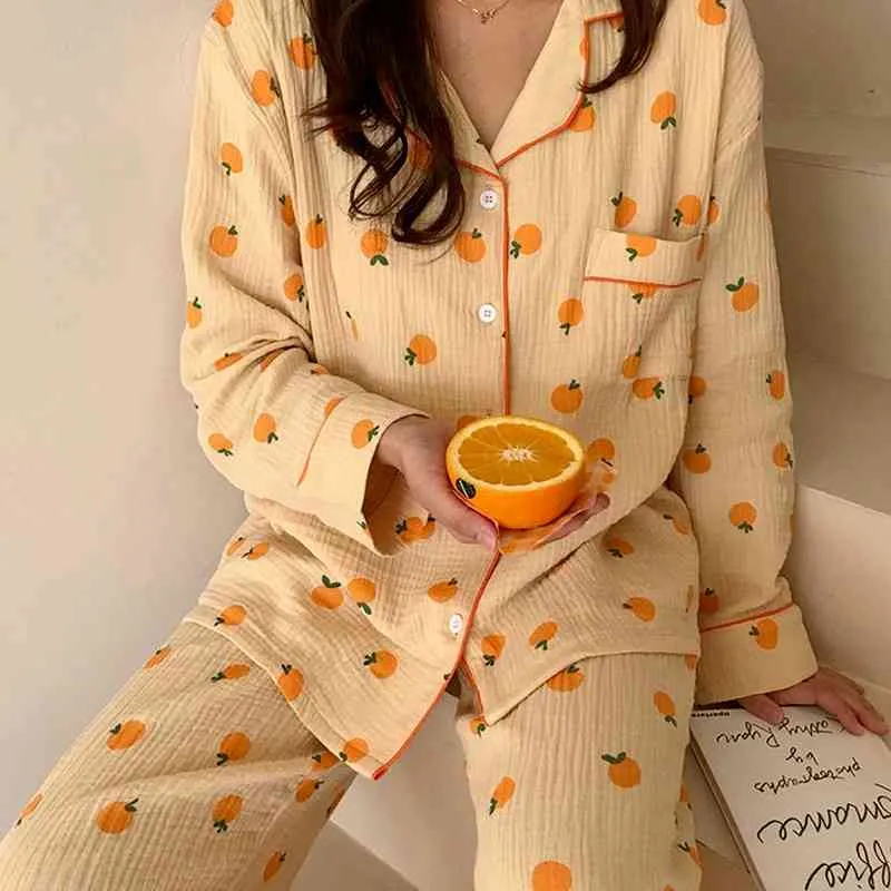 Ev Takım Elbise Kore Pijama Turuncu Baskı Pijama Kadınlar Için Sonbahar Pijama Pijama Uzun Kollu 2 Parça Set PJS Dropshipping