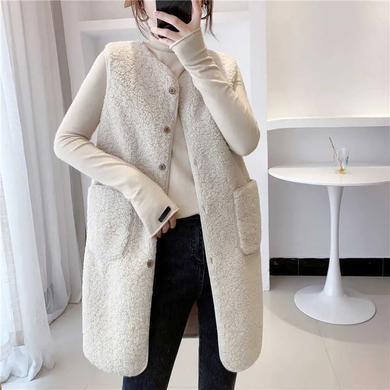 Winter Europese stijl faux bont lam pluche vest jassen vrouwen elegante o-hals losse grain fleece jas casual lange warme vest y0829