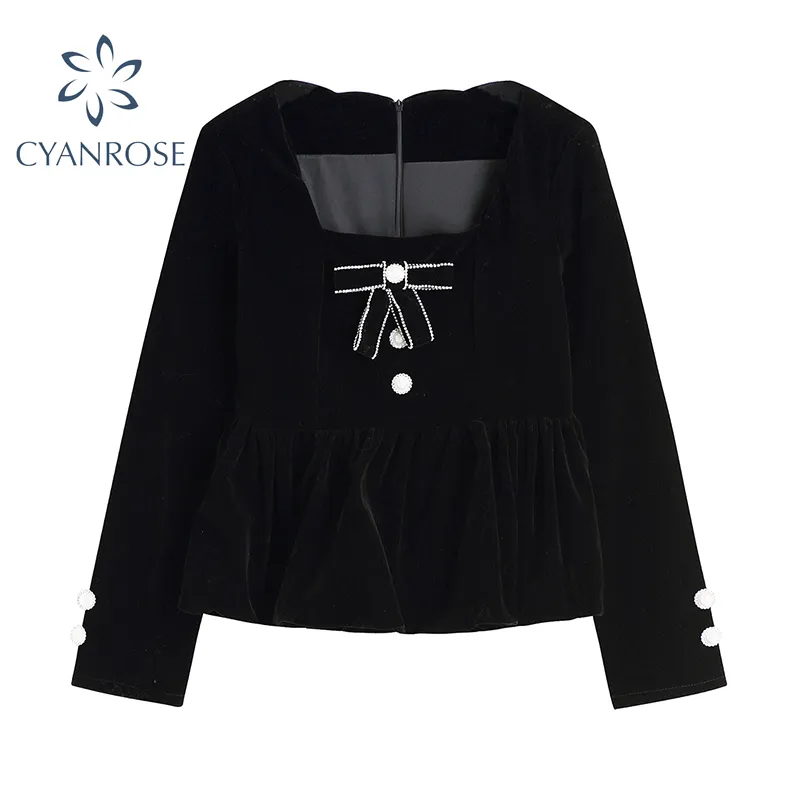 ブラックフランネルブラウス女性エレガントな春の広場襟ビンテージシャツのレディース緩い長袖ボタンデザイン韓国のトップ210417