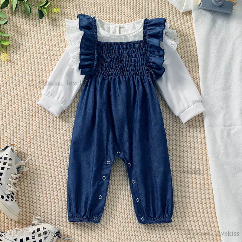 Kids Clothing Sets Girls Outfits Baby Clothes Children Fall Children`S Long-Sleeved Lace T-Shirt Denim Ruffled Lotus Leaf Side Strap Jumpsuit 2-Piece B9390