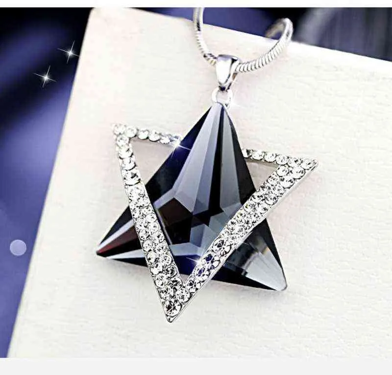 Korean Fashion Geometric Triangle Blue Crystal Pendant Necklace Women's Six-Pointed Star Metal Accessories Jewelry No Chain G1206