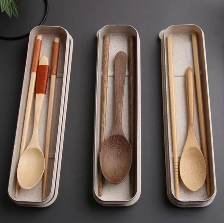 2021 Healthy Japanese Style Wooden or Bamboo Chopsticks Spoon Dinnerware Cutlery Set Outdoor Travel Flatware With Box