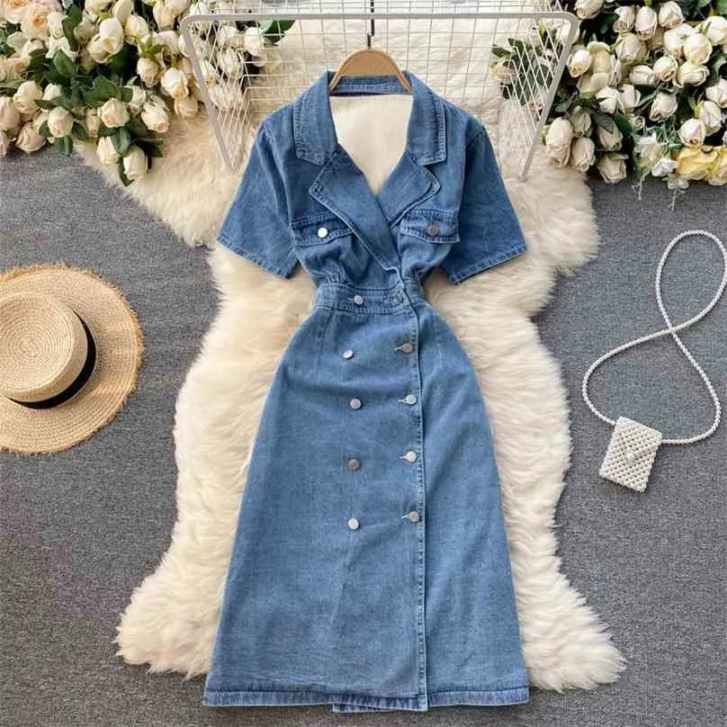 Ladies Retro Denim Klänning Sommar Sexig V Neck Hollow Back Dubbelbröst Jeans Midi Klänningar Kvinnor Nedgång Krage Robe 210525