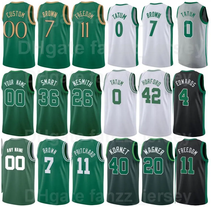 スクリーンプリントバスケットボールJaylen Brown Jersey 7 Jayson Tatum 0 Marcus Smart 36 Payton Pritchard 11 Robert Williams III 44 Carsen Edwards 4 Green White男性女性の子供