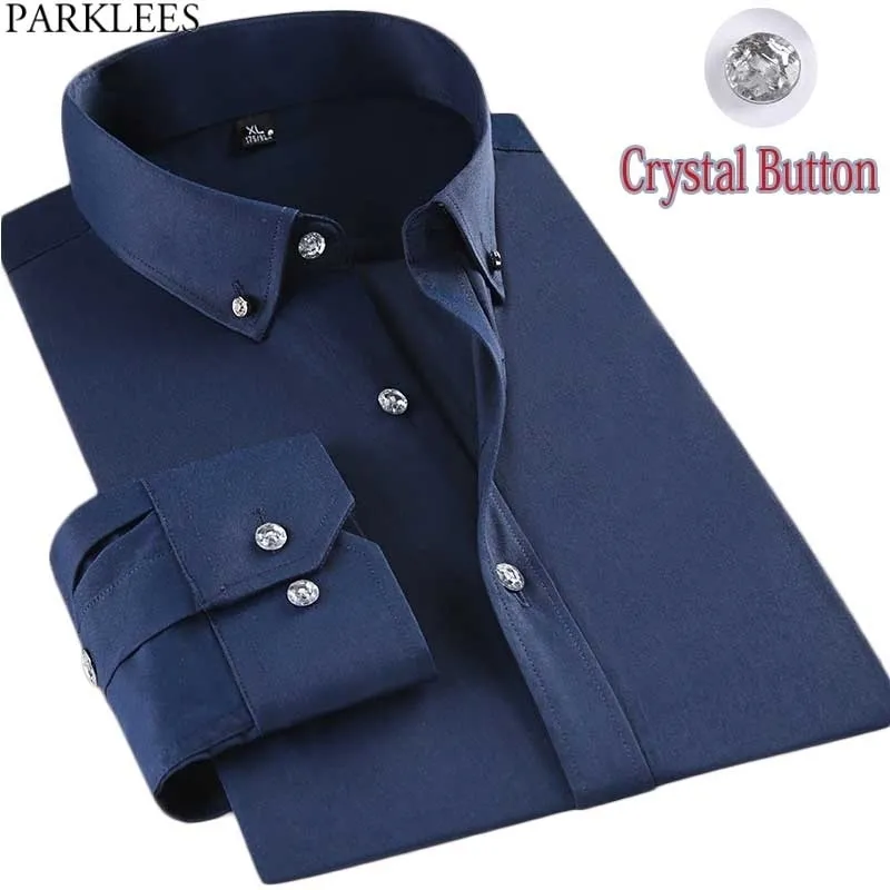 Мужские бизнес формальные платья рубашки весна Slim Fit с длинным рукавом рубашка мужчины бренда кристалл кнопки моды рубашка для мужчин 210522
