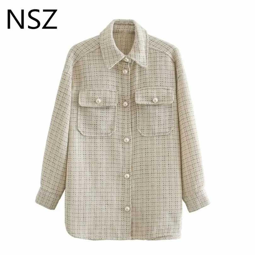 NSZ Women Oversized Plaid Shirt Jas Grote Afmetingen Overhemd Coat Pearl Button Dogtooth Blouse Bovenkleding Chaqueta 211014