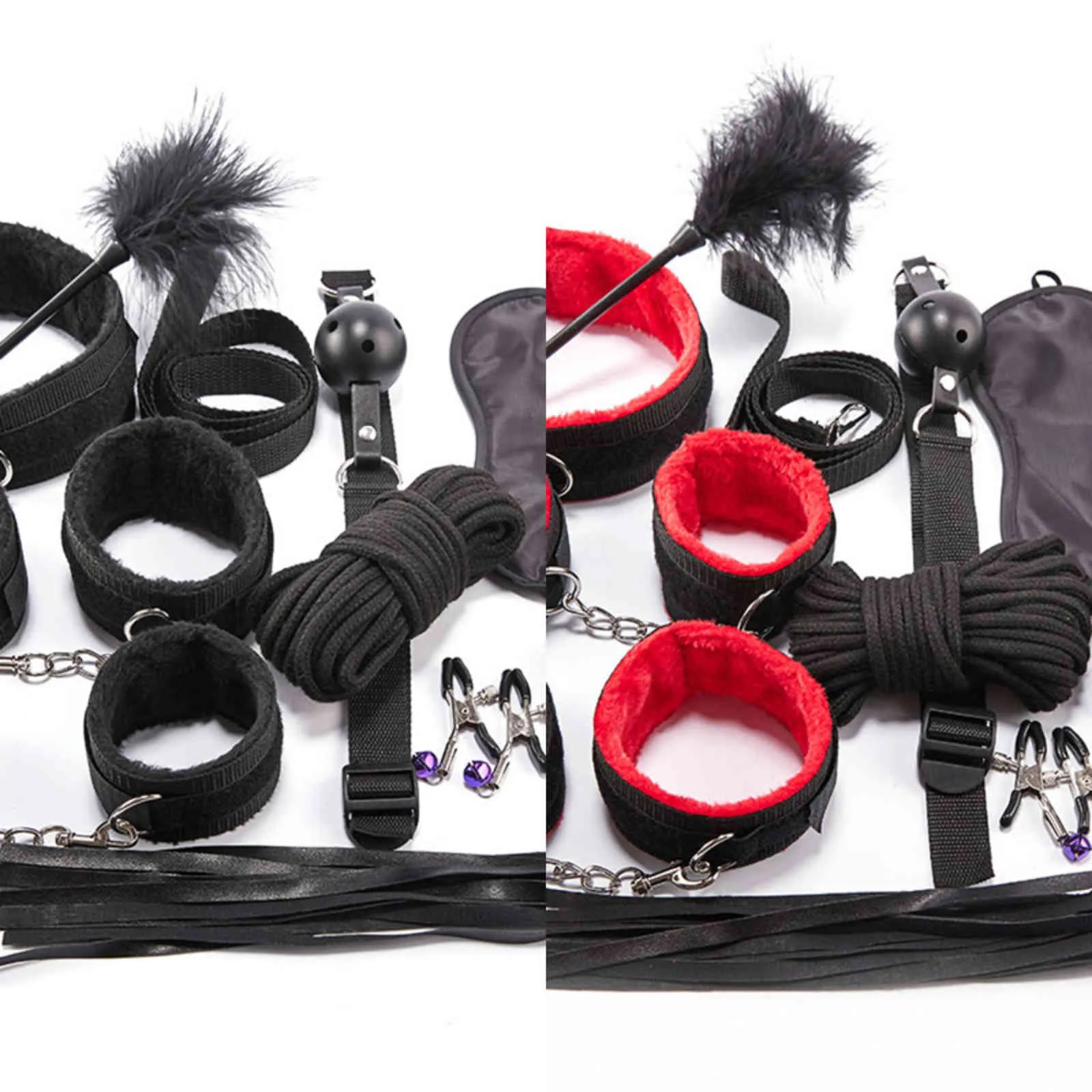 Bondages Black 10Pcs BDSM Kits Sex Products Erotic Toys Adults Bondage Set Handcuffs Nipple Clamps Gag Whip Rope For Couples 1122
