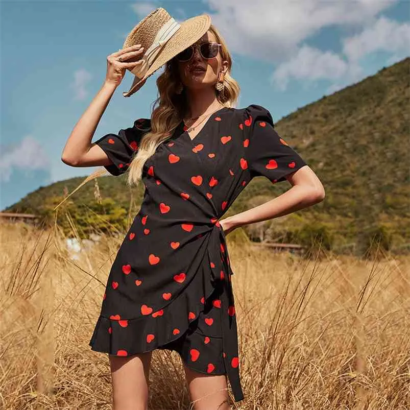 Heart Print Black Wrap Dress Casual Women Summer Beach Style Sundress Vestidos De Mujer French Vintage Mini 210427
