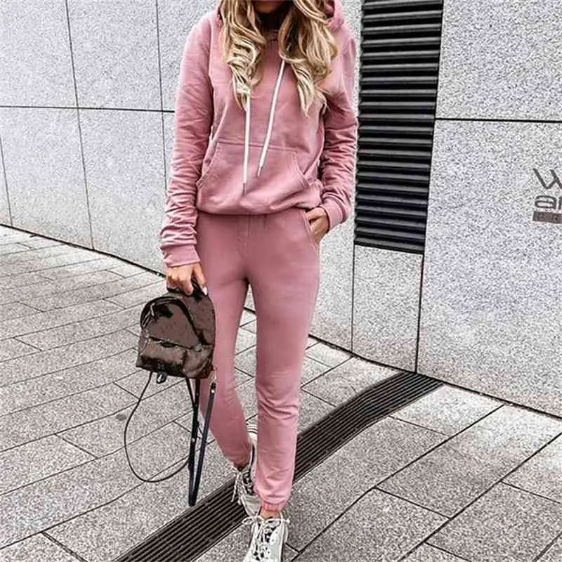 Autumn women 2 piece set Solid Color Casual Hooded Sweater Sportswear Two-Piece Set Pockets sweatsuits for 210508