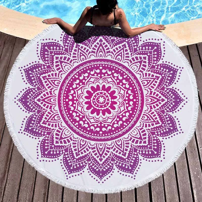 Round Beach Towel Mandala Microfiber Geometry Terry Thick With Tassels Round Beach Blanket Picnic Throw Yoga Mat Ultra Soft 59 Inch