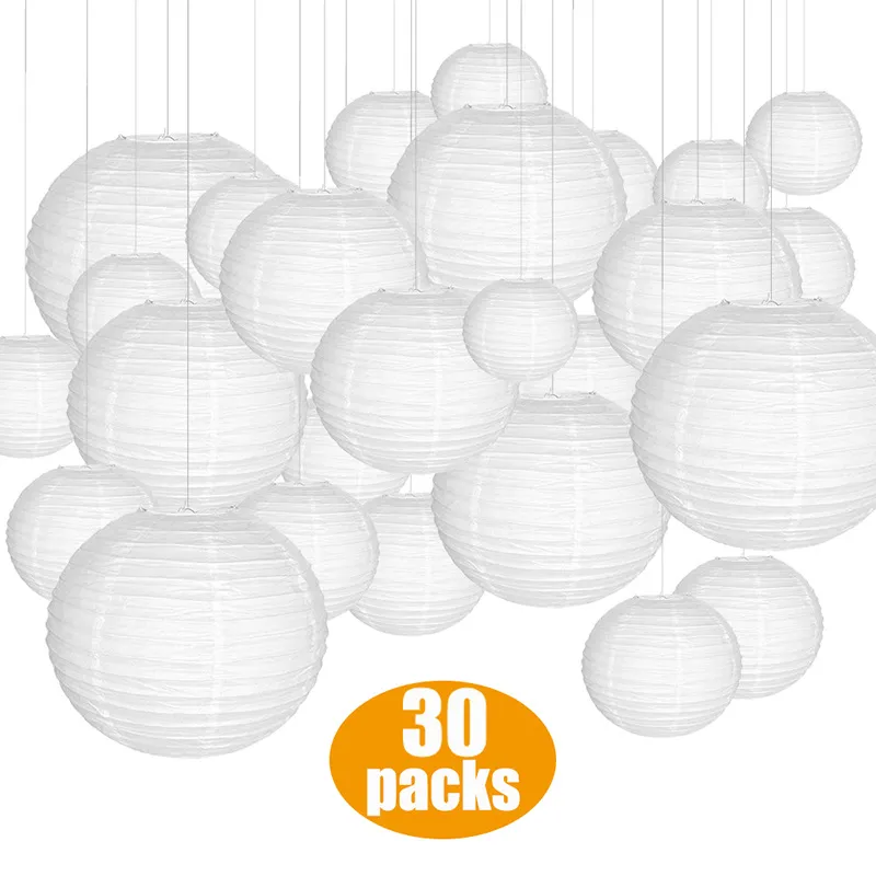 30pcs/Lot Paper Lanterns, 6" 8" 10" 12" Round Paper Lantern with LED Lantern Lights for Indoor and Outdoor Decoration