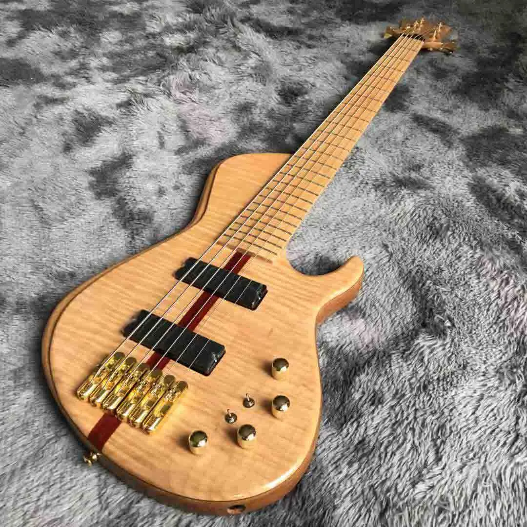 Custom Neck Throu Body 5 Strings Headless Bass Guitar Flamed Maple Top Ash Wood with 940mm Scale Lengthen