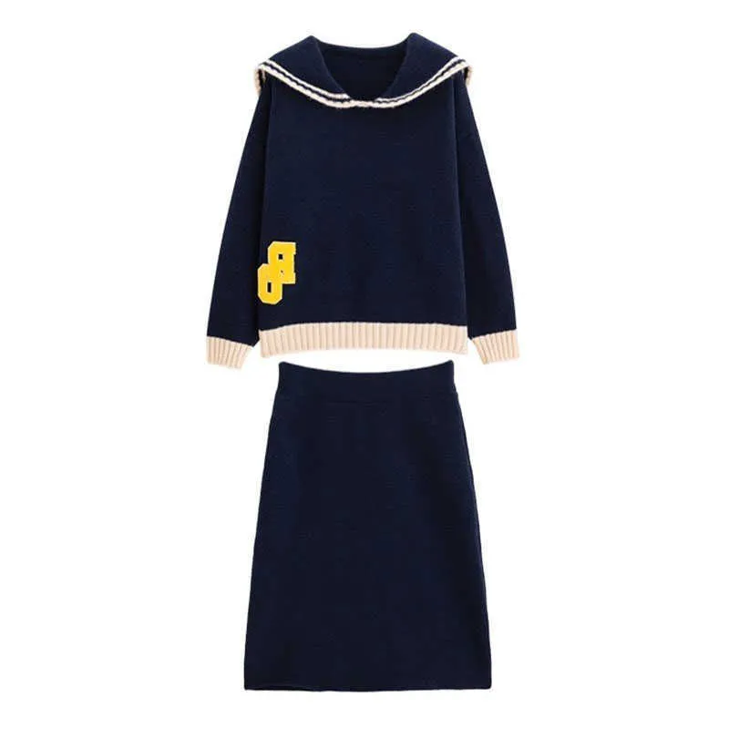 Perhapsu U Casual Women Stickade Två Pieces Set Loose Sweater + Penna Kjol för Kvinnor Navy Blue Beige Sailor Collar Bow T0466 210529