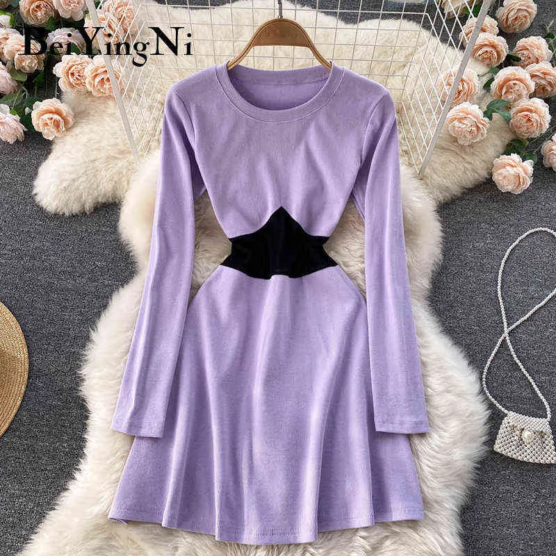 Beiyingni Women's Casual High Waist Knitted A-line Dress Spell Color Long Sleeve Basic Mini Dresses Purple Black Slim Fall Dress Y1204