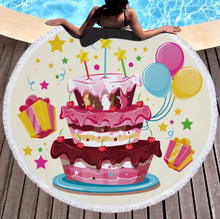 De laatste 150 cm rond gedrukte strandhanddoek, regenboog verjaardagstaart stijl, microfiber, zachte kwasten, ondersteuning aangepast logo