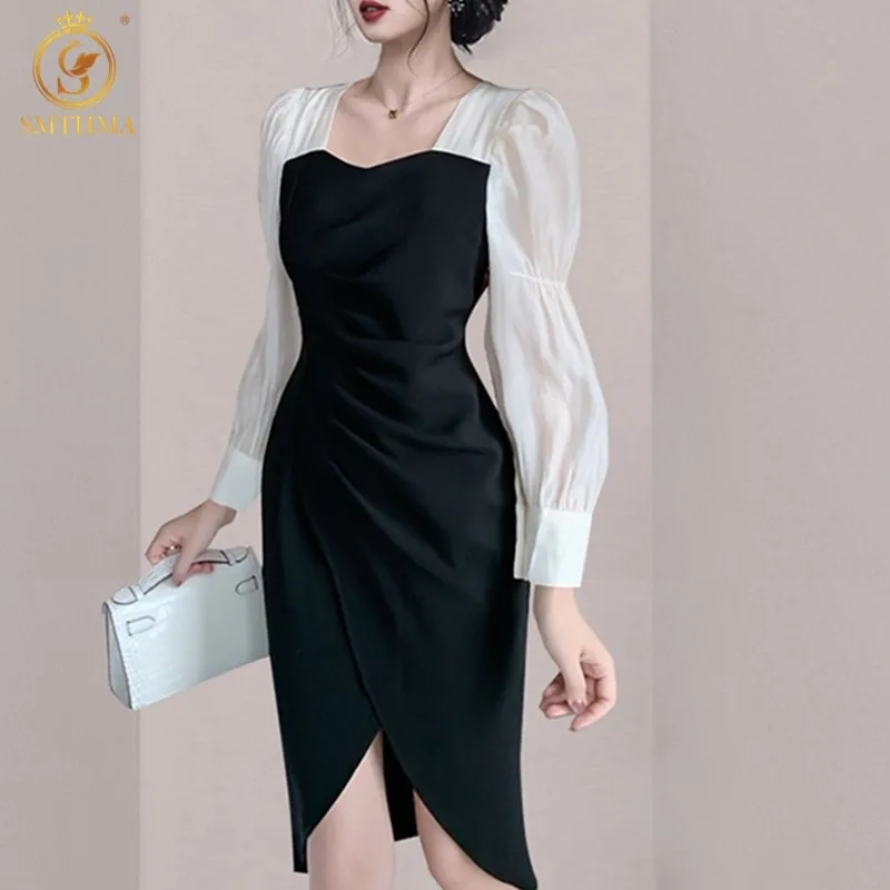 Dames lente hoge taille effen kleur jurken gewaad Koreaanse elegante sexy slanke vintage jurk vestidos 210520
